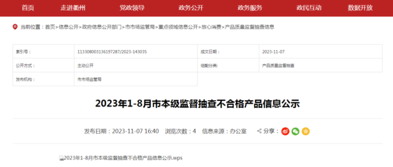 浙江省衢州市公示2023年1-8月市本级监督抽查不合格产品信息